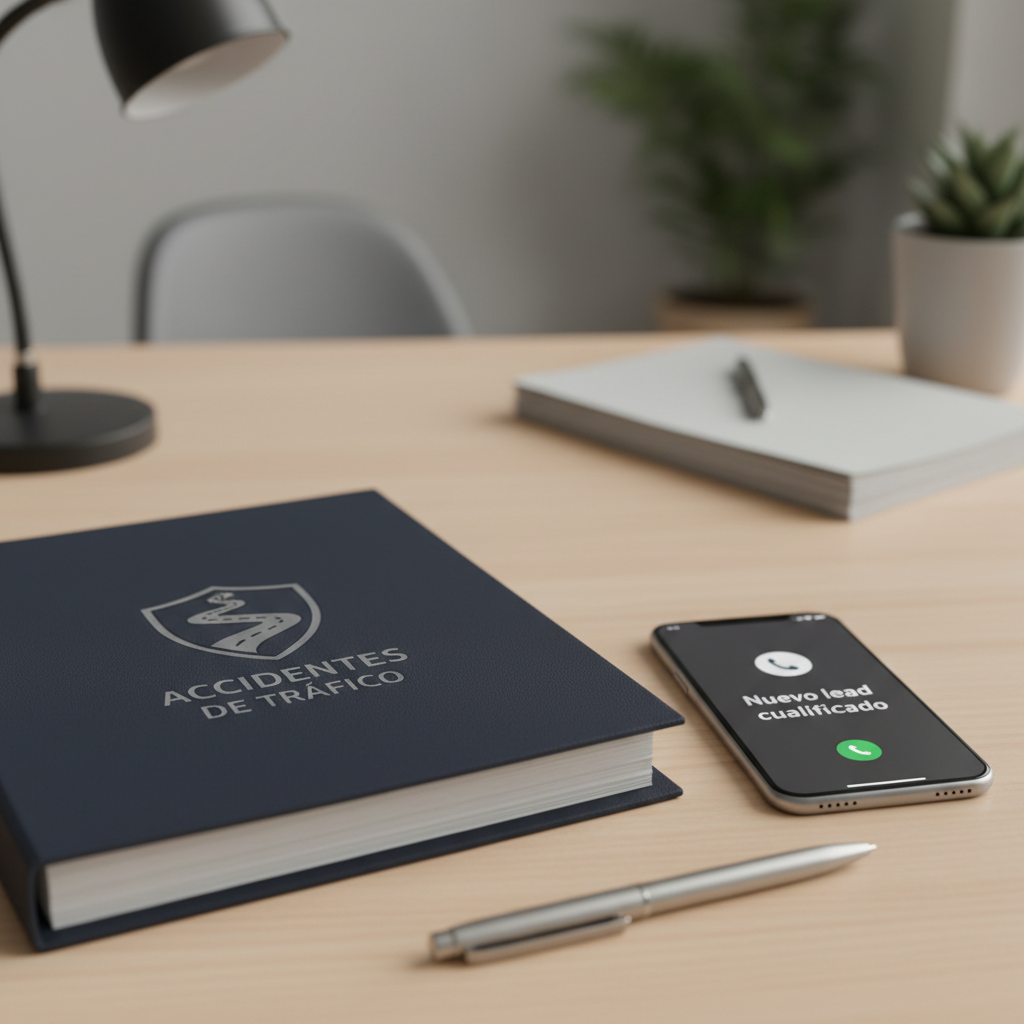 A close-up of a dark navy-blue legal case file embossed with a subtle metallic emblem resembling a road and a shield, symbolizing accidentes de tráfico, resting on a smooth light-wood desk. Beside it, a high-quality smartphone shows an incoming call screen labeled “Nuevo lead cualificado” with clear, legible typography. A silver pen lies parallel to the file, reinforcing the sense of order. The background features softly blurred office elements in neutral tones. Soft studio lighting from the upper left creates controlled highlights on the phone’s glass and delicate shadows under the file’s textured cover. Photographic realism, rule-of-thirds composition, calm and confident mood, ideal for communicating high-quality, verified leads.