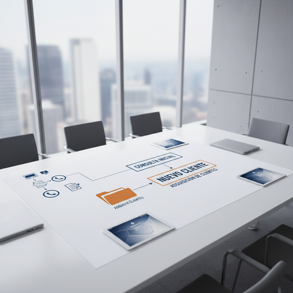 A minimalist white conference table in a high-end office boardroom, its surface dominated by a large printed flowchart illustrating the legal client acquisition funnel: online ad icons, phone symbols, and document silhouettes leading to a highlighted “Nuevo cliente” folder. Discreet, silver-framed tablets and a closed laptop rest symmetrically nearby. Floor-to-ceiling windows reveal an abstracted city skyline in soft focus. Neutral grey walls and clean lines enhance the corporate feel. Bright but diffused daylight fills the room, eliminating harsh shadows while creating crisp edges. Photographic realism with an elevated three-quarter angle, sharp focus across the scene, conveying structure, strategy, and precision in a professional, trustworthy atmosphere.
