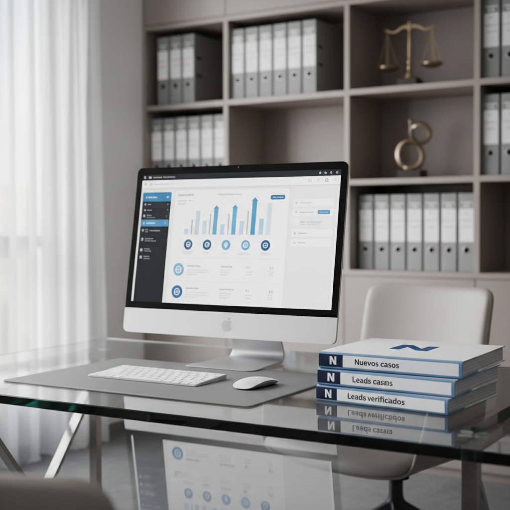 A sleek glass-topped desk in a modern legal office, with a large, thin-bezel computer monitor displaying a clean dashboard of rising lead metrics and call icons. Next to the keyboard, a structured stack of neatly branded blue and white legal folders labeled “Nuevos casos” and “Leads verificados” sits on a matte grey surface. In the background, neutral-toned shelving holds organized binders and a subtle scale-of-justice sculpture. Soft, diffused daylight from a large side window creates gentle reflections on the glass and balanced shadows, emphasizing order and clarity. Photographic realism, shot at eye level with a shallow depth of field, calm and professional mood, clean corporate aesthetic, balanced composition with generous negative space for potential overlay text.
