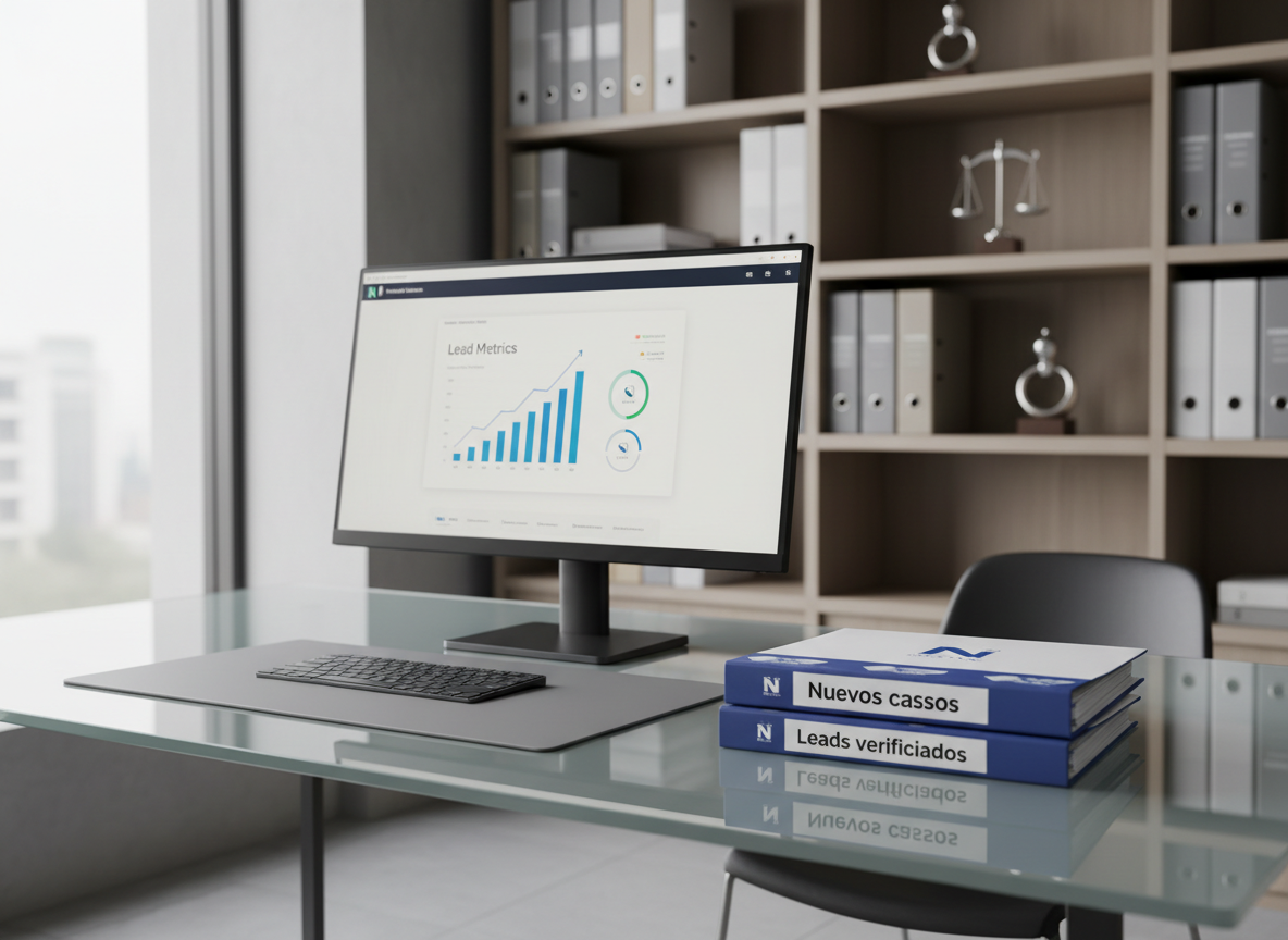 A sleek glass-topped desk in a modern legal office, with a large, thin-bezel computer monitor displaying a clean dashboard of rising lead metrics and call icons. Next to the keyboard, a structured stack of neatly branded blue and white legal folders labeled “Nuevos casos” and “Leads verificados” sits on a matte grey surface. In the background, neutral-toned shelving holds organized binders and a subtle scale-of-justice sculpture. Soft, diffused daylight from a large side window creates gentle reflections on the glass and balanced shadows, emphasizing order and clarity. Photographic realism, shot at eye level with a shallow depth of field, calm and professional mood, clean corporate aesthetic, balanced composition with generous negative space for potential overlay text.