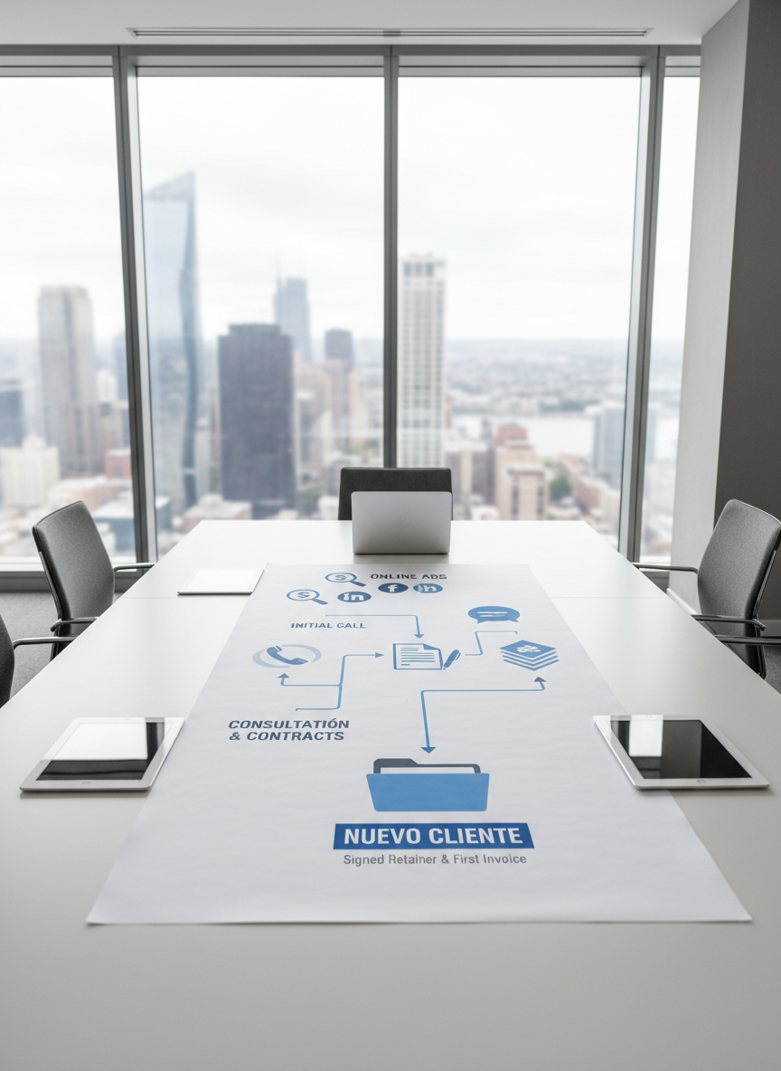 A minimalist white conference table in a high-end office boardroom, its surface dominated by a large printed flowchart illustrating the legal client acquisition funnel: online ad icons, phone symbols, and document silhouettes leading to a highlighted “Nuevo cliente” folder. Discreet, silver-framed tablets and a closed laptop rest symmetrically nearby. Floor-to-ceiling windows reveal an abstracted city skyline in soft focus. Neutral grey walls and clean lines enhance the corporate feel. Bright but diffused daylight fills the room, eliminating harsh shadows while creating crisp edges. Photographic realism with an elevated three-quarter angle, sharp focus across the scene, conveying structure, strategy, and precision in a professional, trustworthy atmosphere.