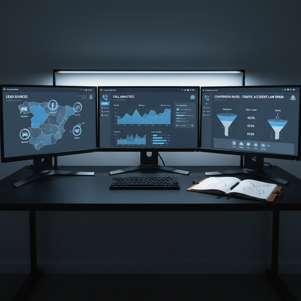 An ultra-organized digital marketing command center displayed across three widescreen monitors on a matte black desk, each screen showing clean, data-rich interfaces: call analytics, lead sources, and conversion rates for traffic accident law campaigns in Spain. Small icons of cars, traffic signs, and phone handsets appear as part of the UI, all designed with a restrained blue and grey palette. Cable management is immaculate, and a single notepad with neatly drawn funnel diagrams rests beside a compact keyboard. Cool, even LED lighting from above and behind the monitors creates subtle rim lighting and mild reflections, emphasizing technology and precision. Photographic realism, slightly elevated frontal angle, sharp focus, professional and analytical atmosphere with a structured, corporate aesthetic.