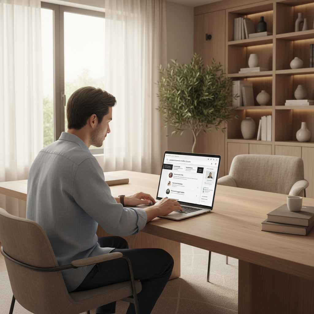 Person in Spain searching for a traffic accident lawyer on a laptop in a calm, modern home office. The screen shows a clean Google search results page with ads and legal listings, without readable real brand names. Warm, neutral colors, professional, trustworthy mood.