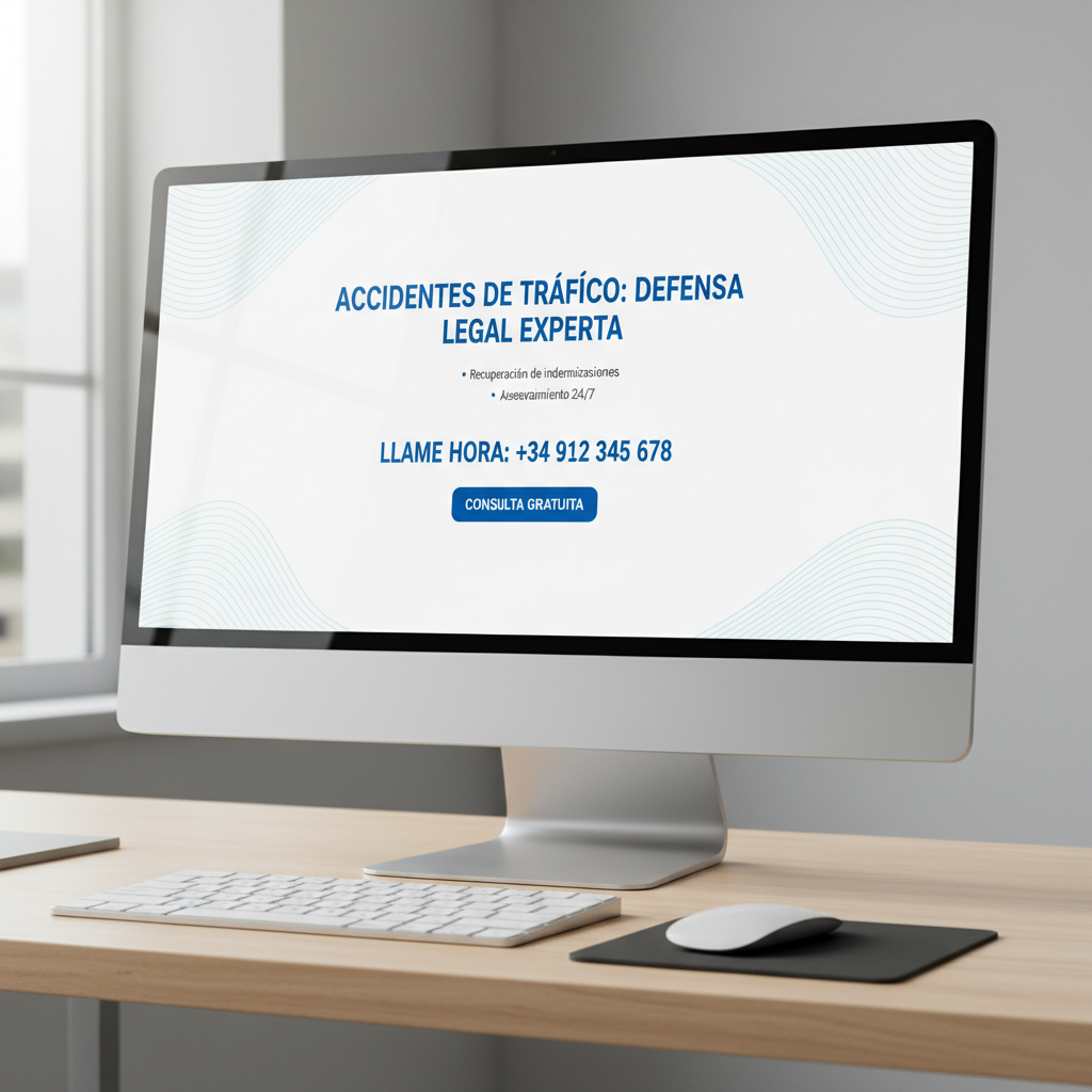 High-converting legal landing page for a Spanish traffic accident law firm displayed on a sleek desktop monitor. The page shows a prominent headline, short bullet points, a visible phone number, and a clear call-to-action button, but no readable real logos or brand names. Clean blue and white color palette, minimal and modern interface, professional mood.
