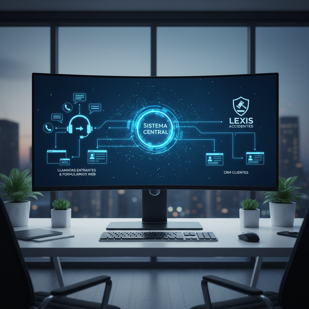 Automation dashboard connecting incoming calls and web forms to a CRM for a Spanish traffic accident law firm. Abstract UI on a large monitor with icons of phones, chat bubbles, and contact cards flowing into a central system. No readable real brand names or specific software interfaces. Cool, modern office setting, tech-forward but simple.