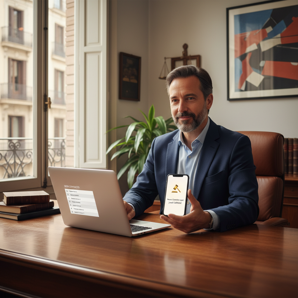 Lawyer in Spain receiving qualified leads on a smartphone and laptop in a tidy office. The phone shows a generic notification for a new legal lead, and the laptop displays a simple list of new contacts, without readable real names or brands. Professional, calm environment, emphasizing clarity and direct delivery of leads.