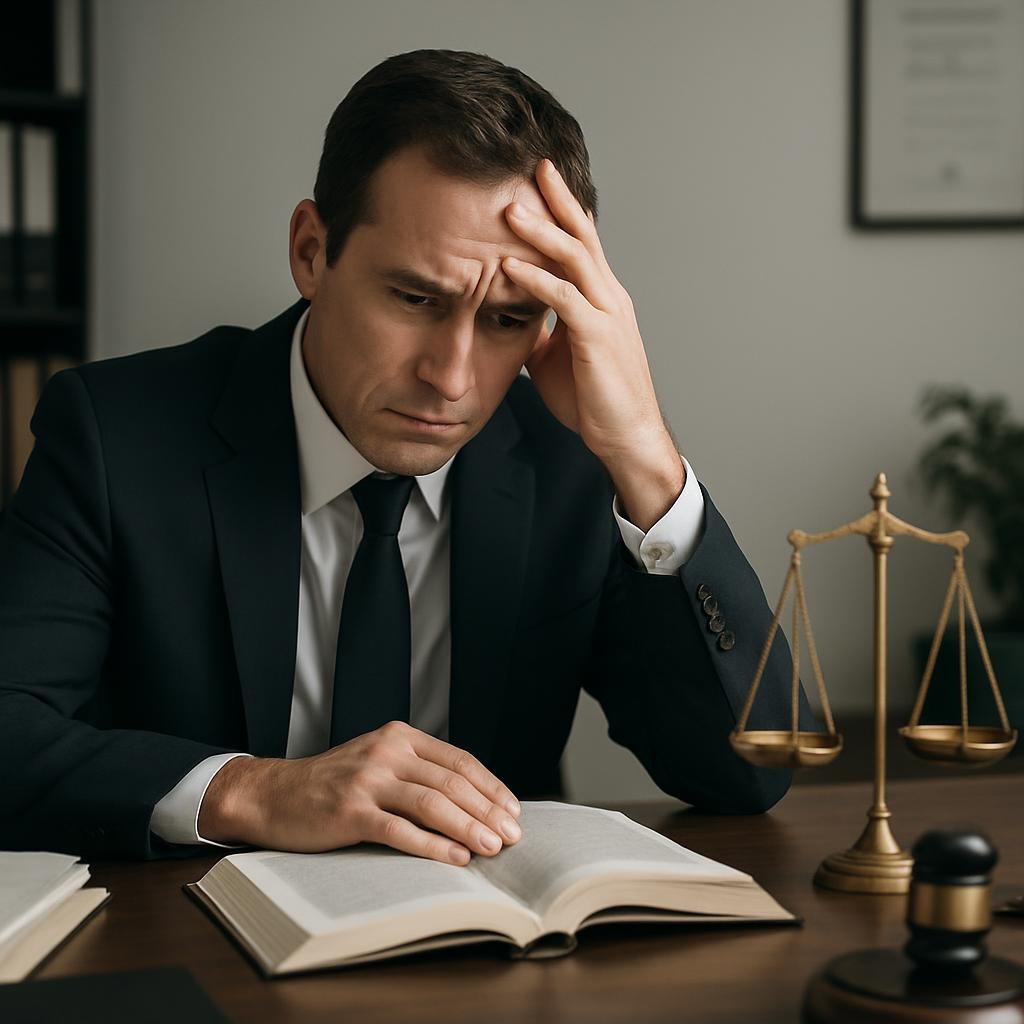 Reemplazar la imagen existente por una similar pero sin ningún letrero que diga 'Abogado Ruiz'. Imagen profesional y relacionada con el contexto de problemas legales o preocupación, pero neutra, sin nombres visibles ni logotipos.